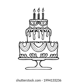 Hand drawn vector celebration cake outline cartoon illustration 