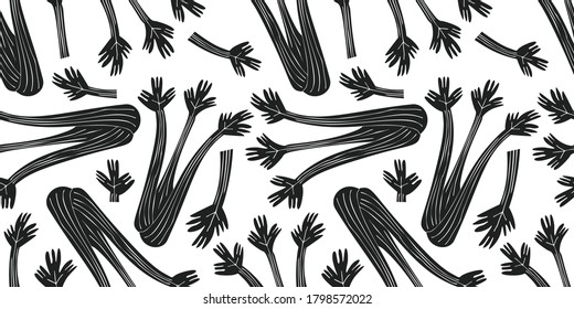 Hand drawn vector celery seamless pattern. Organic cartoon fresh vegetable illustration. Cute vegetable botanical background.