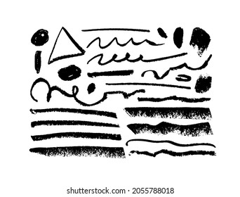 Hand drawn vector chalk or charcoal lines. Black paint brush strokes collection. Doodle lines with grunge circles. Coal stain for banner, background. Scribble black smudges, dirty brushstrokes
