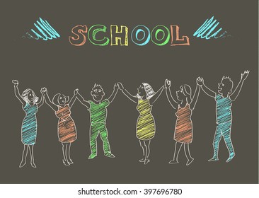 Hand drawn vector chalk sketch of children hands up roundelay. School, summer holiday, camp, scouts, vacation concept. 