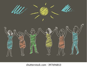 Hand drawn vector chalk sketch of children hands up roundelay. School, summer holiday, camp, scouts, vacation concept. 