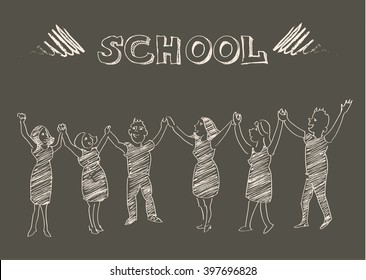 Hand drawn vector chalk sketch of children hands up roundelay. School, summer holiday, camp, scouts, vacation concept. 