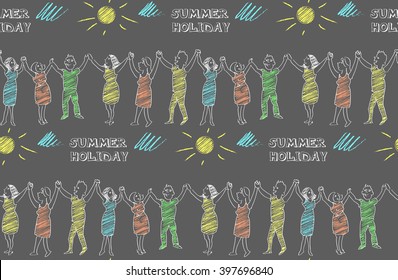 Hand drawn vector chalk sketch of children hands up roundelay. School, summer holiday, camp, scouts, vacation concept. Seamless pattern.