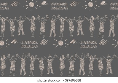 Hand drawn vector chalk sketch of children hands up roundelay. School, summer holiday, camp, scouts, vacation concept. Seamless pattern.