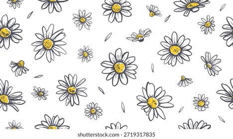 Dibujado a mano de Vector de manzanilla sin patrón. Fondo de repetición botánica de hierbas médicas.