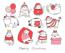 Hand Drawn Vector Character Collection Cats For Christmas And New Year. Funny Illustration Doodle Cartoon Style