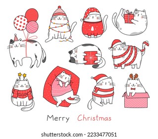 Hand drawn vector character collection cats for Christmas and New Year. Funny illustration doodle cartoon style