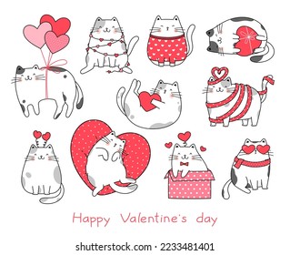 Hand drawn vector character collection cats for Valentine's Day. Cute illustration doodle cartoon style