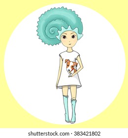 Hand drawn vector character, fairytale lady-snail with shell on head, and dog in hands