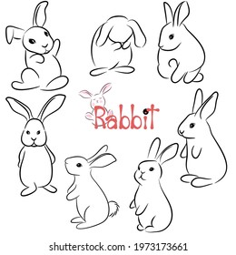 Hand drawn vector character illustration set design of a cute rabbit. Doodle style.