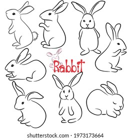 Hand drawn vector character illustration set design of a cute rabbit. Doodle style.