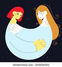 Handgezeichnete Vektorgrafik von Frauen, die einander umarmen. Liebesfreundschaftstag