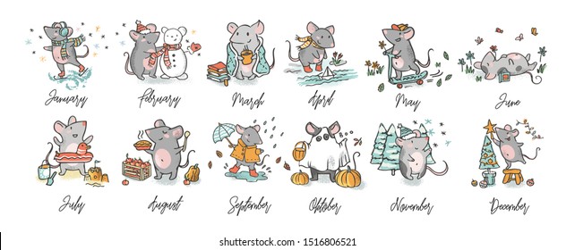 Hand drawn vector characters. Chinese year of the rat illustrations set for caendar making with month signs