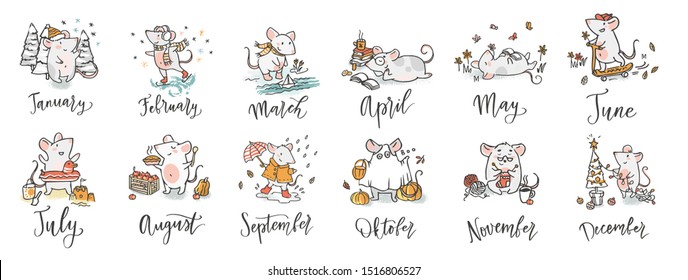 Hand drawn vector characters. Chinese year of the rat illustrations set for caendar making with month signs