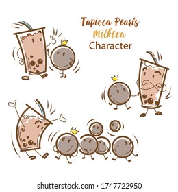 Hand drawn vector characters illustration for milk tea and tapioca pearls. Summer drinks icon in cartoon style.