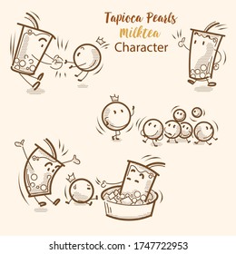 Hand drawn vector characters illustration for milk tea and tapioca pearls. Summer drinks icon drawing by dot and line.