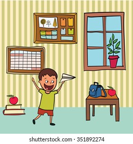 Hand drawn vector characters of a school kids, scene in a class, educational process. Cute  running boy with a paper plane in a cozy classroom