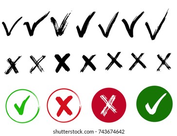 Hand drawn vector check mark and cross sign. Brush strokes. 
