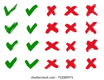Hand drawn vector check mark and cross sign. Brush strokes.
