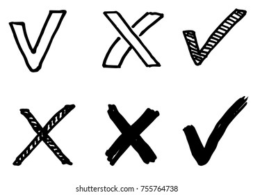 Hand drawn vector check mark and cross sign.