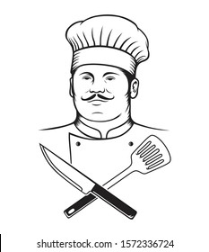 Hand drawn vector Chef and his tools on white background