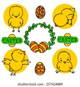 Hand drawn vector chicken and egg set elements. Easter background