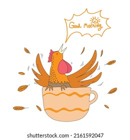 Hand drawn vector chicken waking up in coffee cup for good morning concept