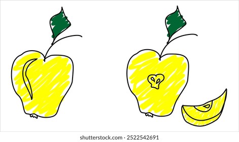Hand drawn
vector children pencil drawing with yellow apple on white
background. Fruity fashion cartoon design for 
food packaging, juice, t-shirt print,
fabric, textile, paper, notepad.