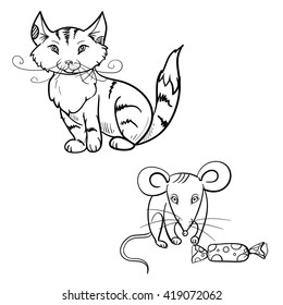 hand drawn vector children's coloring book of cat, mouse with candy. vector eps 10
