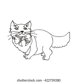 hand drawn vector children's coloring book of cat with bow. vector eps 10