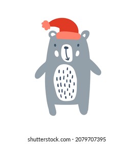 Hand drawn vector Christmas cute scandinavian bear in red Santa hat. Isolated illustration for baby nursery t-shirt, kids apparel, textile, invitation. Simple child design.