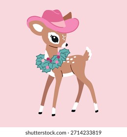 Vetor desenhado à mão cervo de Natal com chapéu de cowboy. Clipart de impressão de Natal vintage em fundo isolado. Perfeito para design de impressão de cartão, logotipo ou viveiro. Arquivo de vetor EPS10.