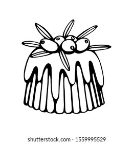 Hand drawn vector of christmas dessert isolated on white.  Sketch of cake for festive design and holiday decoration.