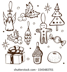 hand drawn vector christmas doodle clipart set. xmas or new year outline sketched ink icons isolated on white. Vintage illustration of winter holidays decorative elements giftbox, holly fir tree angel