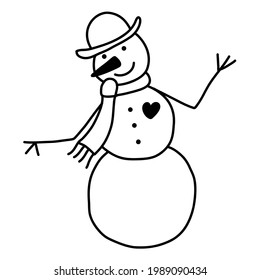 Hand drawn vector Christmas doodle funny snowman. Holiday linear illustration
