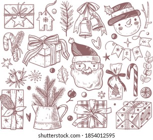 Hand drawn vector Christmas elements in doodle style. Big set with Christmas gifts, bells, lollipops, Santa Claus, snowman, flags and decorations. New Year hand drawn collection.