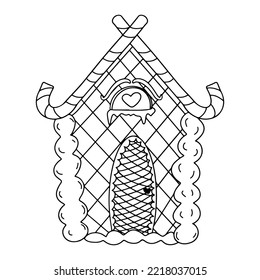 Hand drawn vector christmas gingerbread house. Coloring illustration in doodle style.