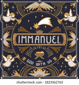 Hand drawn vector vector Christmas greeting card with baby Jesus in the cradle, stars, angels and words Immanuel God With Us. Square design.