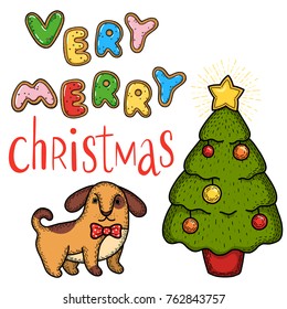 Hand drawn vector christmas greeting with christmas tree and a dog
