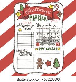 Hand drawn vector christmas holiday planner 2016