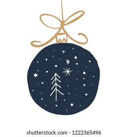 Hand drawn vector Christmas illustration toy ball with snowflakes. Good for mugs, t-shirts, notebooks, posters, banners, postcards social media post.