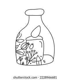 Hand drawn vector Christmas line burning candle in bottle with line berries, branches texture. Xmas advent icon outline illustration for greeting card, web design, invitation.