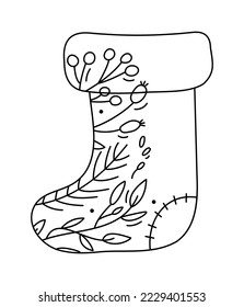 Calcetín de la línea de navidad con vector dibujado a mano con bayas de línea, textura de ramas. Ilustración de contorno de icono de navidad para bebé de tarjeta de saludo, diseño web, invitación.