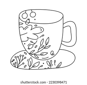 Handgezeichneter Vektor-Weihnachtsbecher mit Linienbeeren, Äste Textur. Xmas Advent Symbol Umriss-Illustration für Grußkartenbaby, Web-Design, Einladung.