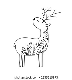 Hand drawn vector Christmas line winter deer with line berries, branches texture. Xmas advent icon outline illustration for greeting card baby, web design, invitation.
