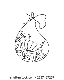 Hand drawn vector Christmas line winter bag with presents of Santa Claus with line berries, branches texture. Xmas advent icon outline illustration for greeting card baby, web design, invitation.