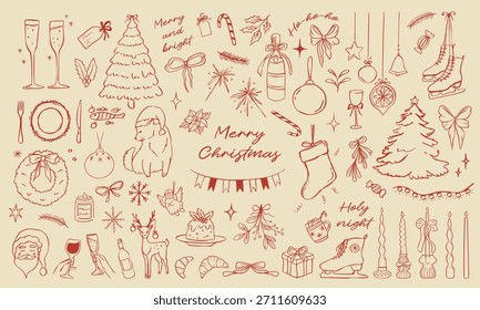Hand drawn vector Christmas and new year set of cute festive illustrations in trendy whimsical style 