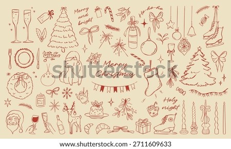 Hand drawn vector Christmas and new year set of cute festive illustrations in trendy whimsical style 