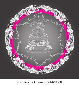 Hand drawn vector Christmas ornamental mandala with bells, ribbons and handwritten words Happy Holiday. Template for invitation or greeting card. Xmas vintage ornate wreath.