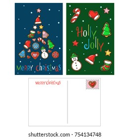 Hand drawn vector christmas postcard templates, including back side